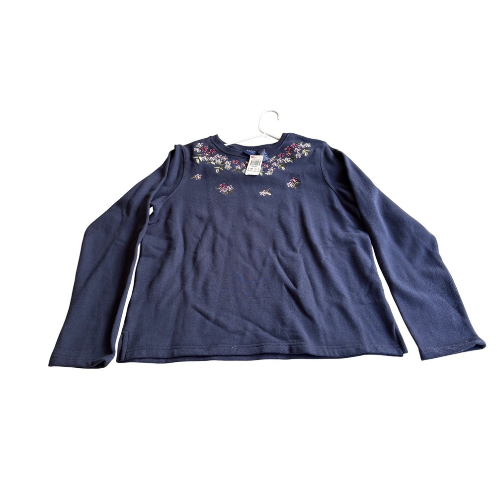 Basic Editions Womens Navy Blue Floral Embroidered Sweatshirt Size M NWT